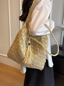 Women Straw Woven Tote Bag Paper String Hollow Out Crochet Shoulder Bag With Tassel Wood Beads Large Capacity Summer Beach Vacation Handbag