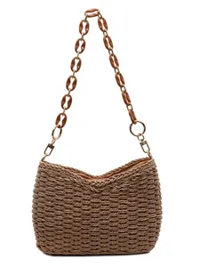Handmade straw woven shoulder bag with stylish acrylic chain strap and top zipper closure