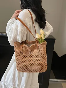 Women Hollow Out Woven Tote Bag Crochet Handwoven Beach Shoulder Bag Cotton Linen Straw Look Bag With Leather Straps Vacation