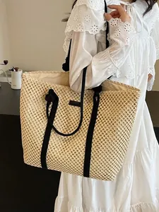 Sac Fourre-Tout en Paille Tissée Grande Capacité pour Femmes Décontracté Été Plage Vacances Sac à Épaule Avec Poignées à Nœuds Noires Et Fermeture Éclair
