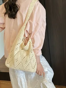 French Crochet Cotton Woven Shoulder Bag Hollow Diamond Pattern Large Capacity Summer Beach Tote Vacation Handbag For Women