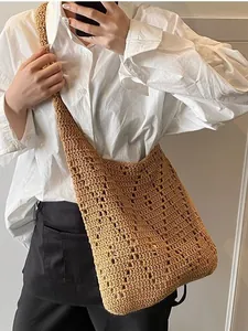 French style hollow crochet straw shoulder bag for beach vacation and summer travel