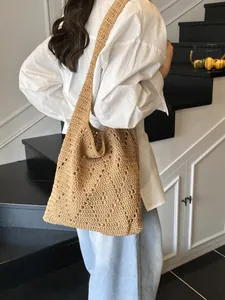 French style khaki hollow crochet tote bag for summer beach vacations and daily use