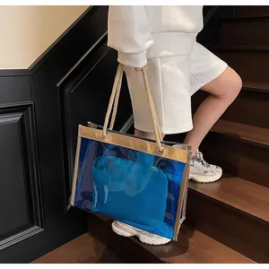 Blue transparent PVC beach tote bag with rope handles and matching inner pouch detail
