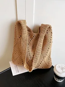 French style khaki hollow crochet woven shoulder bag for beach holidays and daily use