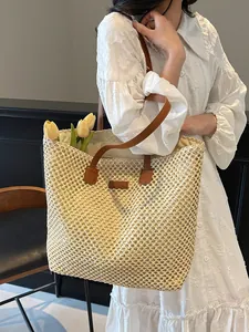 Grand Sac Cabas en Paille pour Femme Maille Ajourée Sac à Épaule pour Été Plage Vacances Décontracté Sac à Main