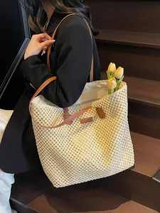 Grand sac cabas en paille avec lanières en cuir marron pour plage d'été et quotidien