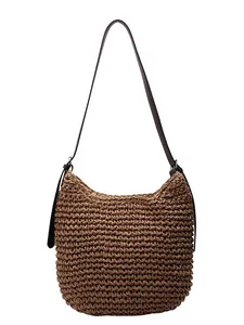 Bruine geweven draagtas met leren riem, minimalistische stijl voor strand en woon-werk