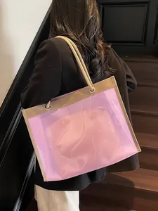 Transparent purple PVC tote bag with rope handles and pink inner pouch for beach holidays