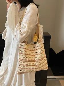Striped crochet tote bag with lace trim and hollow weave for summer beach vacation