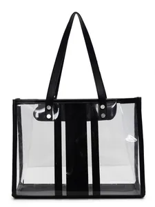Transparent PVC tote bag with black trim and large capacity for beach and shopping