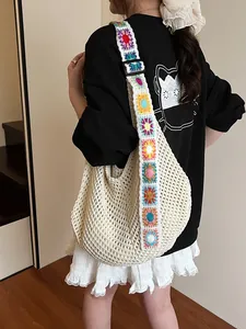 Women Bohemian Crochet Hollow Out Tote Bag With Colorful Granny Square Shoulder Strap Large Capacity Knit Beach Bag