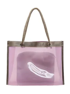 Pink transparent PVC beach tote bag set with rope handles and interior zipper pouch
