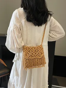 Bohemian Handmade Macrame Tassel Crossbody Bag For Women Cotton Woven Shoulder Bag Summer Beach Vacation Ethnic Style