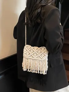 Bohemian macrame crossbody bag with diamond weave and long fringe tassels for beach vacations