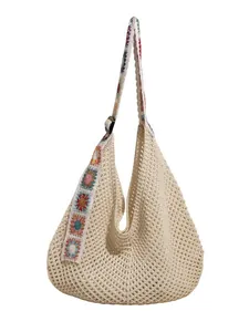 Bohemian knit hollow shoulder bag with colorful crochet floral strap for beach travel