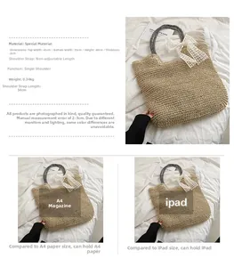 Detailansicht der Stroh-Strandtasche mit Maßen von 45 cm Breite und Platz für A4-Formate