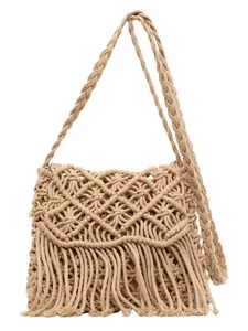 Bohemian macrame hand-woven shoulder bag with long tassels for beach vacation