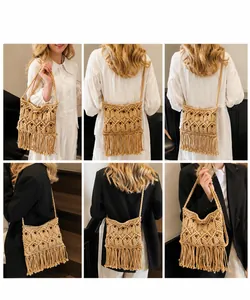Detail shots of Bohemian woven fringe bag with wooden beads in beige and khaki colors