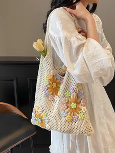 Women Crochet Knit Tote Bag With 3D Colorful Floral Hollow Out Mesh Shoulder Bag For Beach Vacation Handbag Handcrafted Mori Style