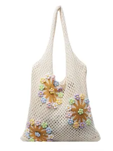 Chic hollow crochet tote bag with colorful 3D 3D floral accents and cream mesh design