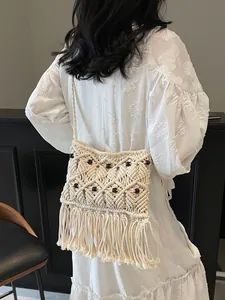 Bohemian off-white hand-woven fringe shoulder bag with dark brown wooden beads
