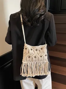 Bohemian macrame crossbody bag with dark brown beads and long fringe tassels for women