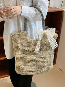 Women Large Capacity Paper Straw Woven Tote Bag With Lace Bow Detail Striped Handle Summer Beach Casual Shoulder Handbag