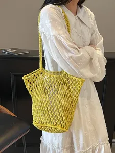 Bolso Tote Tejido a Ganchillo Hecho a Mano de Algodón y Lino con Malla Calada de Gran Capacidad para Playa y Vacaciones con Bolsa Interior