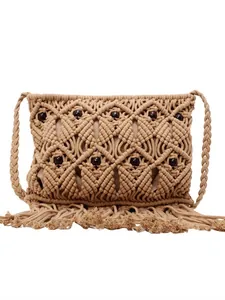 Bohemian hand-woven fringe crossbody bag with wooden beads for summer beach vacations
