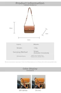 Detail showing dimensions of 21x15x8cm for this woven straw and leather crossbody bag