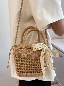 Bolso de Mano de Paja Tejida para Mujer Con Lazo de Encaje Bolso de Hombro para Playa Verano Con Bolsa Interior de Cordón