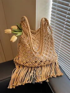 Bohemian macrame tote bag with tassels and inner lining for beach vacations