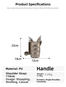 Detailed size specifications for a metallic quilted crossbody bag with measurements