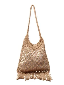 Beige bohemian tassel woven shoulder bag with hollow mesh design and inner pouch