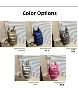Quilted puffer crossbody bags shown in champagne, blue, dark gray, silver, and pink options