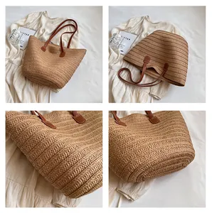 Detailed views of a large woven straw tote bag with brown leather handles and base