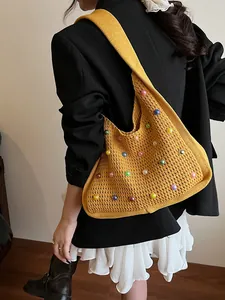 Bohemian mustard yellow knit shoulder bag with colorful beads for beach and travel