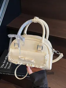 Women Korean Fashion Bow Bowling Bag Sweet Lace Trim PU Leather Handbag With Plaid Ribbon Handle Crossbody Small Square Bag