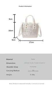 Size guide for embroidered bucket bag showing dimensions and polyester material details