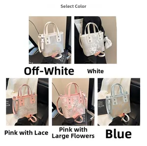 Detail showcasing five floral embroidered bucket bags in off-white, pink and blue colors