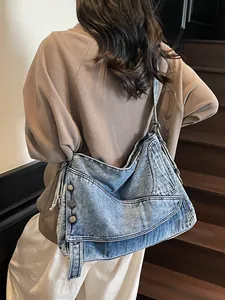 Women Large Capacity Denim Tote Bag Vintage Washed Shoulder Bag Casual Spliced Crossbody Bag With Metal Buttons Handbag