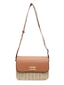 Retro straw crossbody square bag with brown leather flap and golden twist lock closure