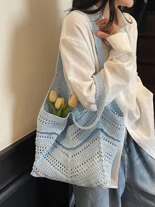 Women Large Capacity Knitted Hollow Out Tote Bag 2025 New Korean Style Lazy Shoulder Bag Beach Vacation Woven Handbag