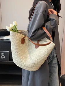 Sac Tote en Paille Tissée Grande Capacité pour Femmes Vacances à la Plage Sac à Main Décontracté Avec Poignée en Similicuir Fermeture Éclair