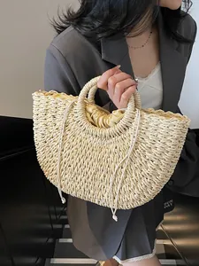 Sac à Main en Paille Tissée pour Femmes Grande Capacité Sac de Voyage Plage Vacances Avec Poignée Circulaire Et Cordon