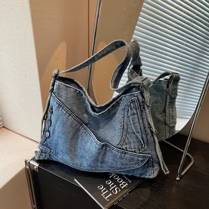 Vintage Denim Tote Bag For Women Large Capacity Washed Denim Shoulder Bag With Rivets Casual Hobo Crossbody Bag Summer New