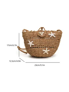 Sac de plage en paille avec étoiles de mer et détails sur les dimensions exactes