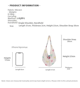 Detaillierter Größenvergleich der Stricktasche mit Maßen und 31cm Breite Stoffstruktur