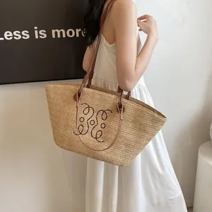 Bohemian large capacity woven straw tote bag with leather straps and embroidery